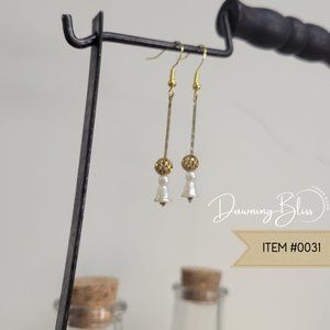 Gold, White Tassle Bell , Dangle Earrings, Vintage style by Tineka Dawn